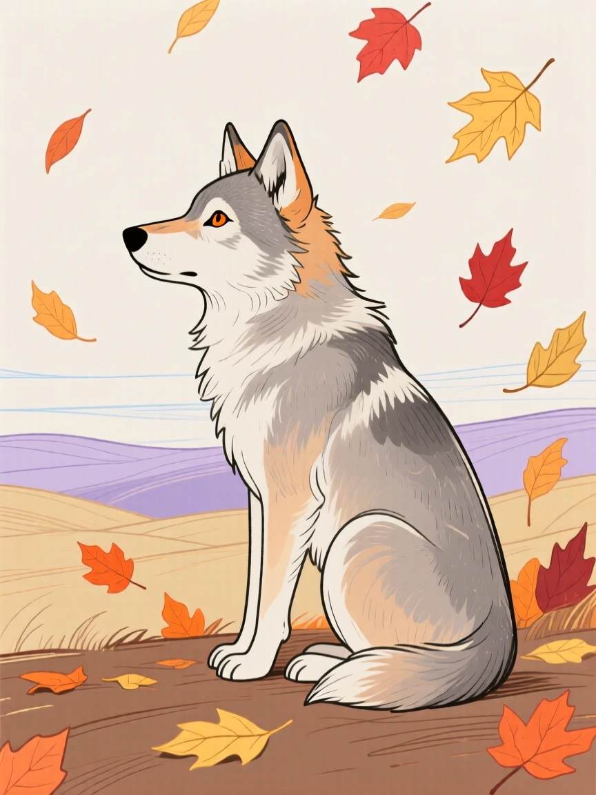 A young wolf watching the horizon among autumn leaves on a quiet summer afternoon.