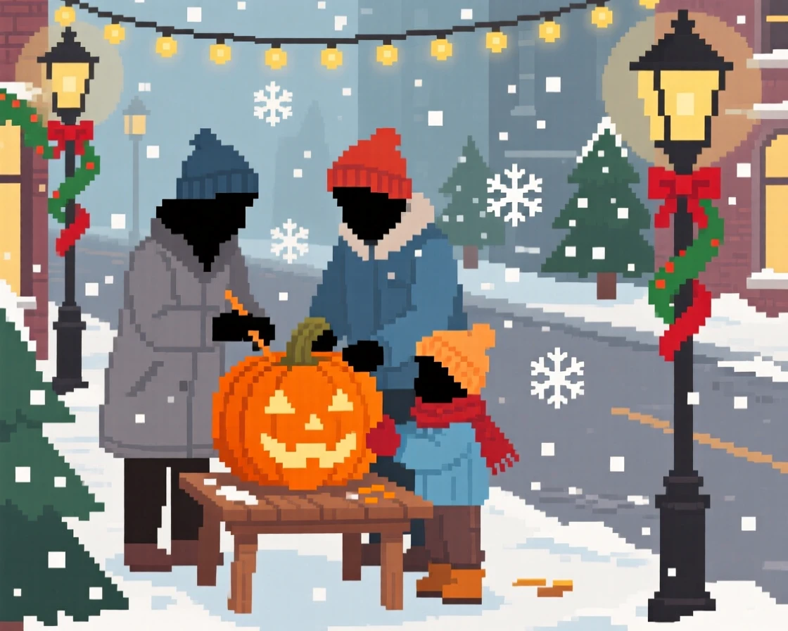 A family carving a pumpkin surrounded by falling snowflakes, on a quiet street decorated for winter holidays.
