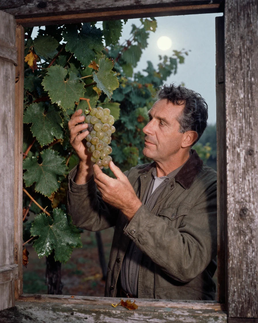 A vintner examining a cluster of ripe grapes between two fingers, under moonlight, under a light drizzle, in the mild days of early autumn, with deep emerald greens and browns, framed through an open doorway.
