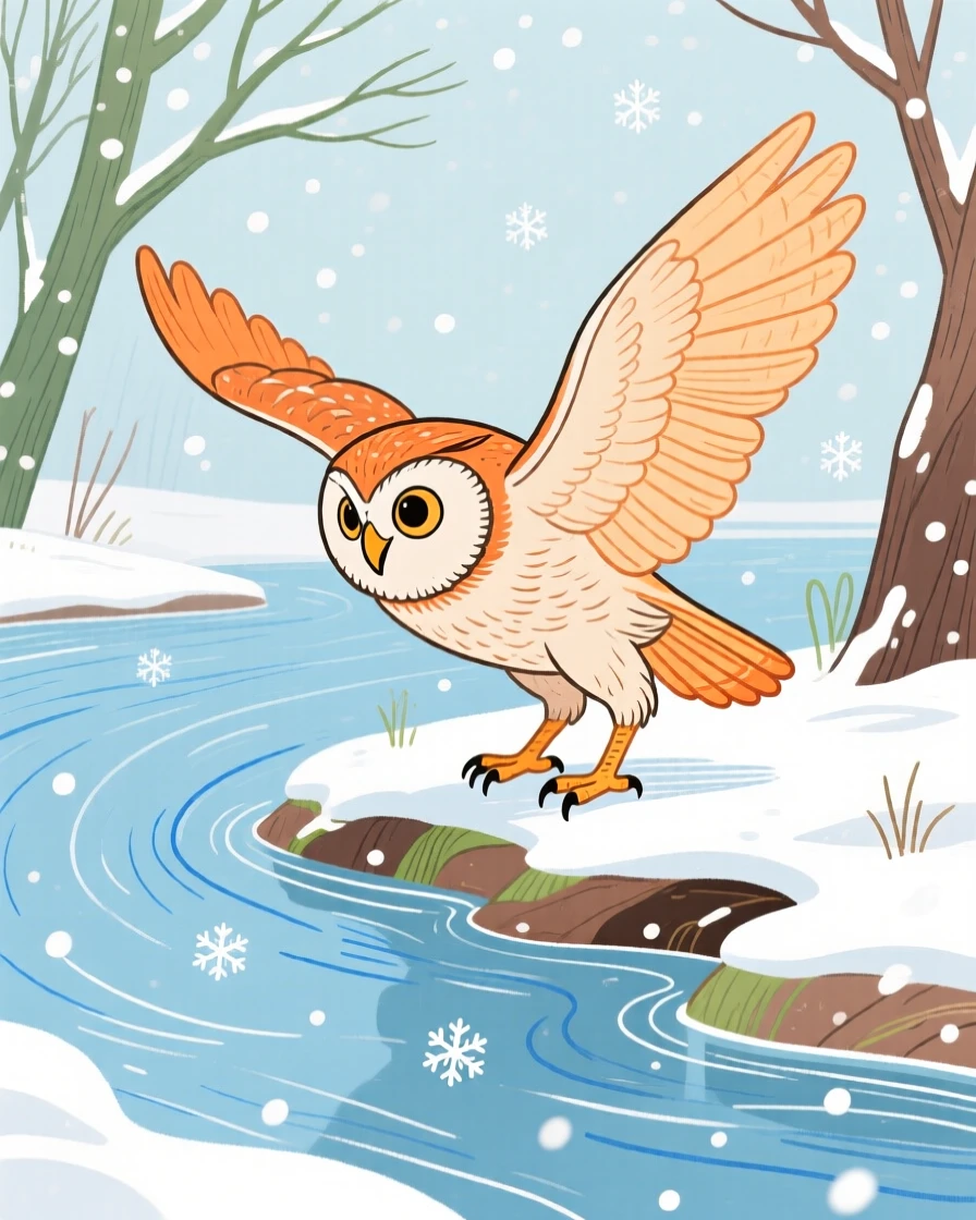 A wise old owl stretching in the morning light along a quiet riverbank during a light snowfall.