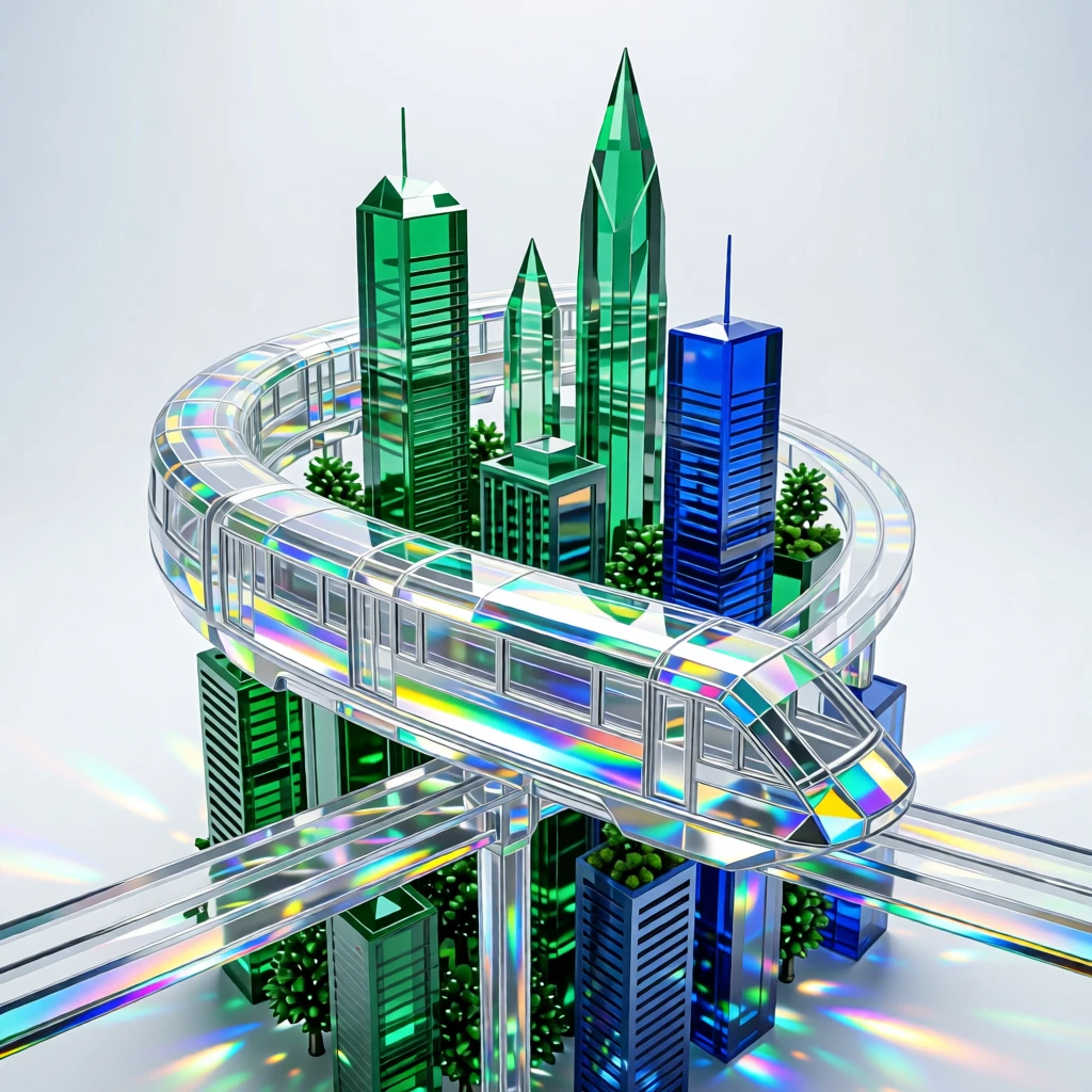A futuristic mag-lev monorail curving gracefully through a lush vertical city.