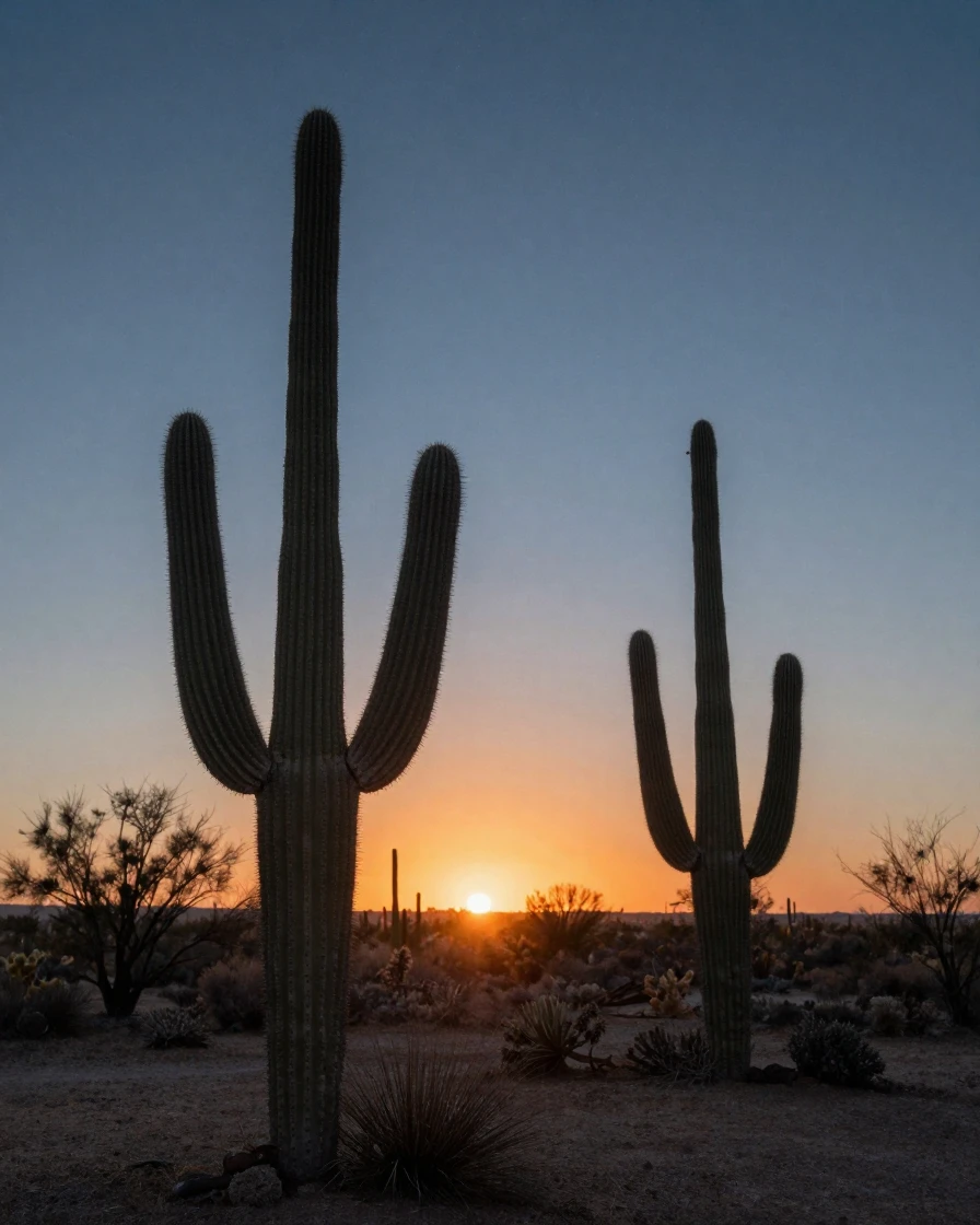 Cactus silhouettes standing against a blazing desert sunset, under a canopy of stars, on a clear, cloudless day, in the depths of winter, with stark black-and-white contrast softened by a single warm hue, from behind, looking toward the horizon.