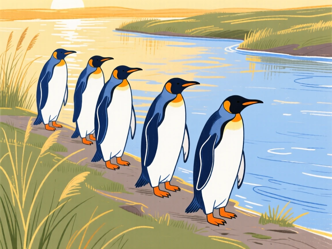 A group of penguins wandering along a quiet riverbank during golden hour.