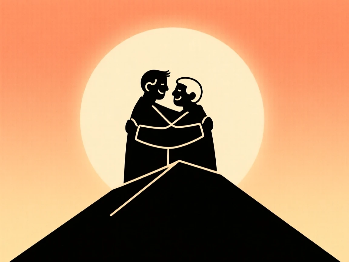 A quiet moment of overwhelming joy as an old friend reunion pauses in a mountain summit beside fading sunlight.