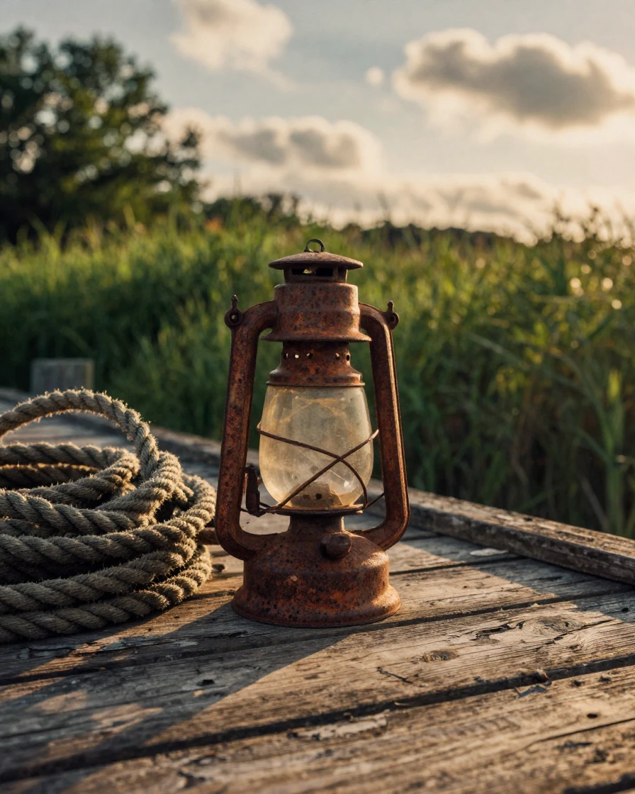 A rusted lantern beside a coil of rope on a weathered dock, under soft golden-hour light, under scattered clouds, in the height of summer, with deep emerald greens and browns, captured from a low angle looking up.