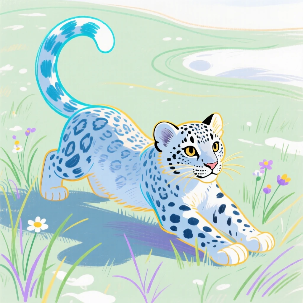 A snow leopard cub stretching in the morning light in a sunlit meadow on a quiet summer afternoon.