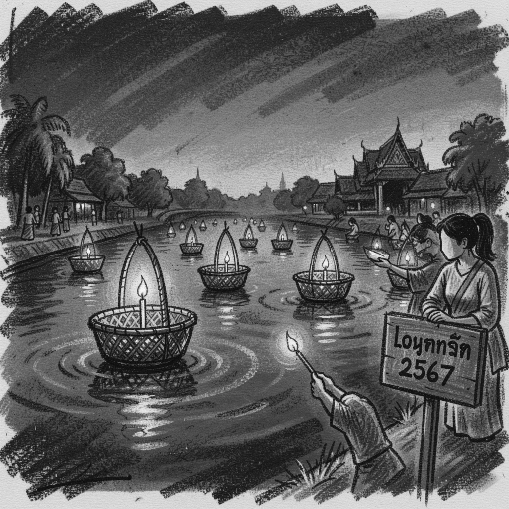 A Thai Loy Krathong festival with floating lantern baskets on a river, as the last light of day fades to dusk.