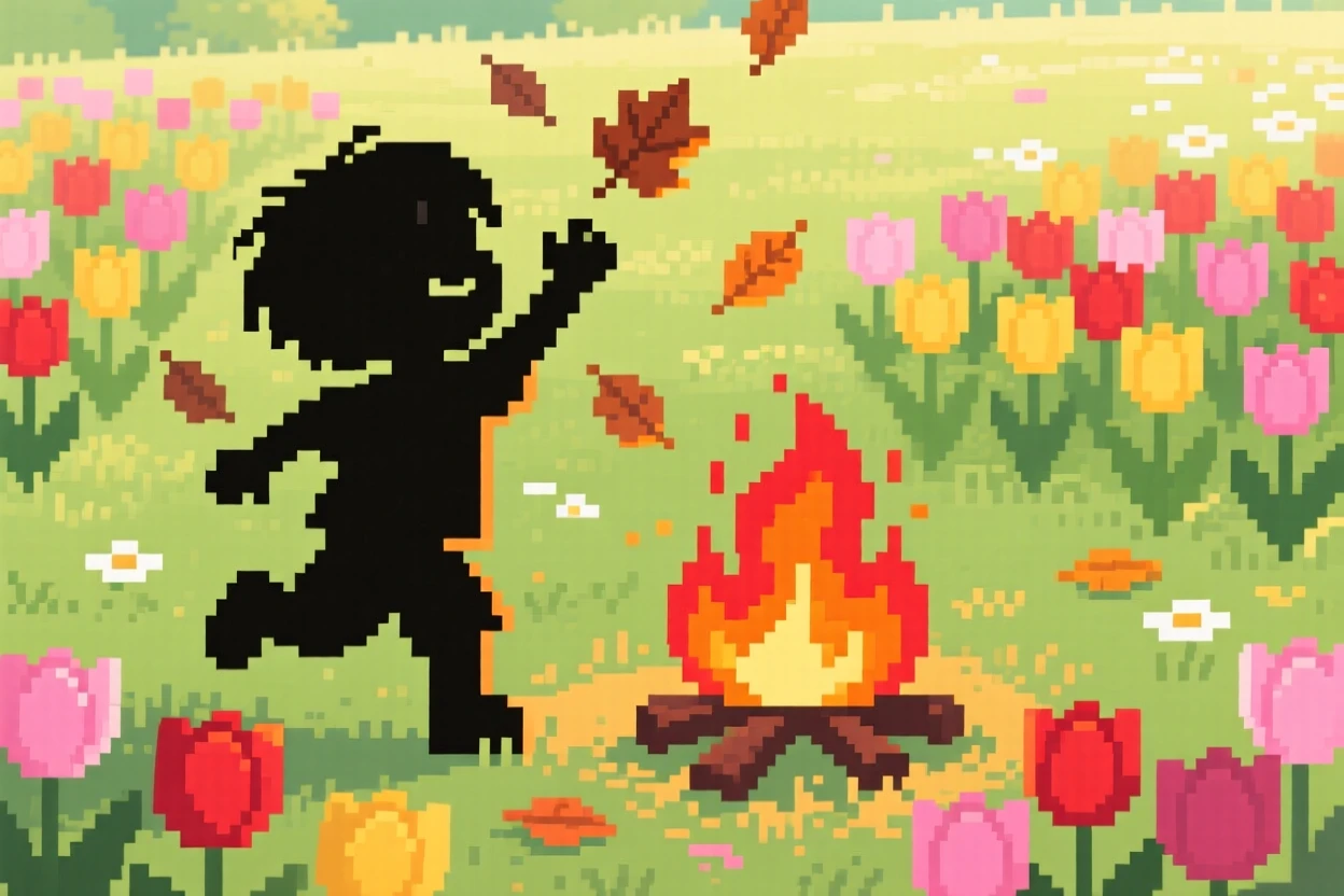 A child catching falling leaves glowing beside a crackling bonfire, in a sunlit spring meadow full of tulips.