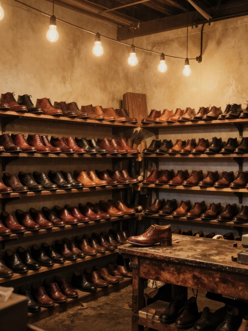 A cobbler's workshop lined with rows of leather shoes, under strings of warm string lights, in still, windless air, in the mild days of early autumn, dominated by warm amber and rust tones, from a slightly elevated vantage point.