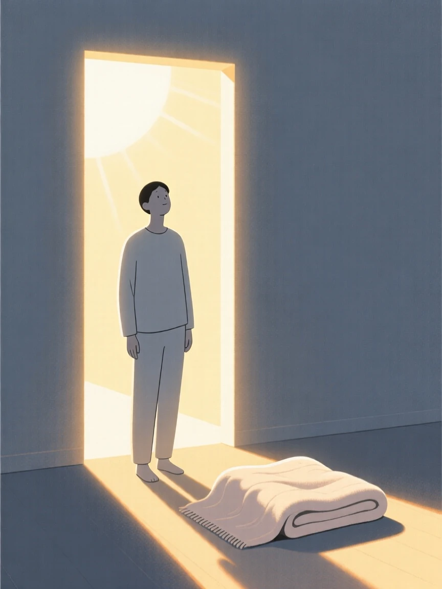A solitary figure standing in a sunlit doorway, embodying a feeling of quiet relief, with a soft blanket nearby.