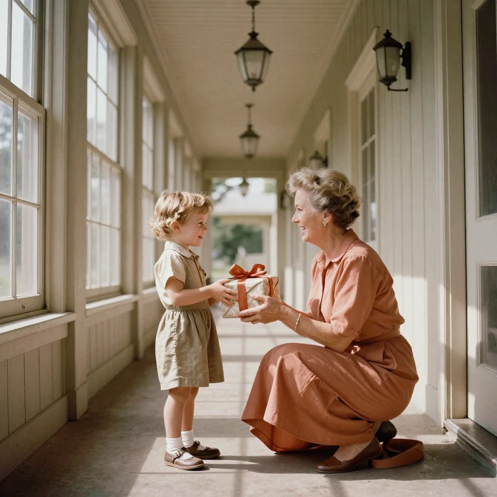 A grandmother presenting a wrapped gift to a delighted grandchild, in soft window light, on a clear, cloudless day, during the long days of summer, in earthy terracotta and ochre shades, framed symmetrically down a long corridor.