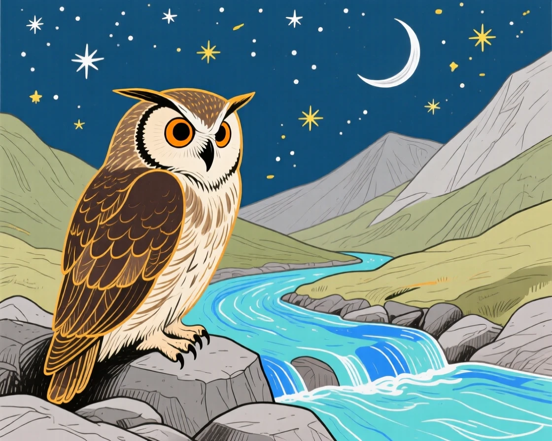 A wise old owl exploring beside a mountain stream under a clear starry sky.