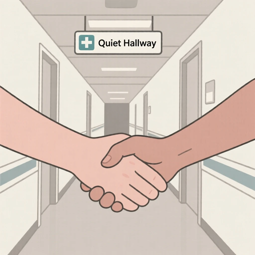 A quiet moment of calm reassurance as an old friend reunion pauses in a quiet hospital hallway beside a pair of clasped hands.