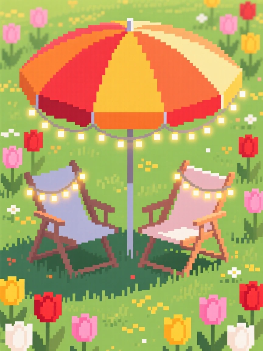 A beach umbrella and folding chairs decorated with strings of warm lights, in a sunlit spring meadow full of tulips.