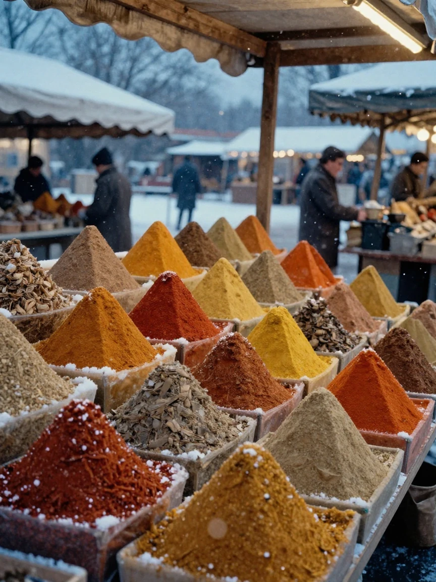 A market stall piled high with colorful spices, in cool blue twilight, in still, windless air, under the first snow of winter, with a soft sepia-tinted glow, from a wide establishing view.