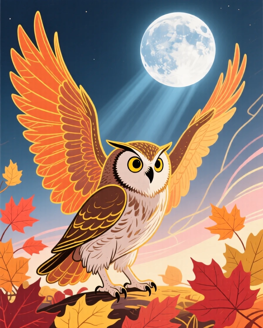 A wise old owl stretching in the morning light among autumn leaves under a full moon.