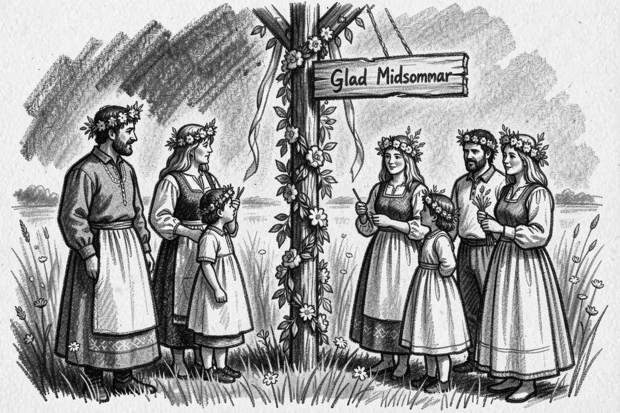 A traditional Nordic midsummer celebration with flower crowns, on a quiet, peaceful afternoon.