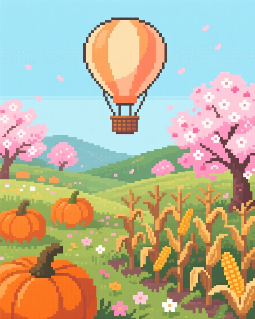 A hot air balloon over a spring valley surrounded by pumpkins and dried corn stalks, in a garden bursting with cherry blossoms.