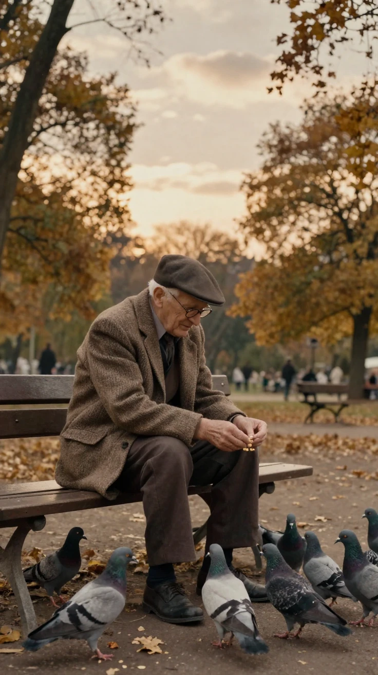 An old man feeding pigeons alone on a park bench, under a glowing sunset sky, under scattered clouds, in the mild days of early autumn, with a soft sepia-tinted glow, over the shoulder of the main subject.