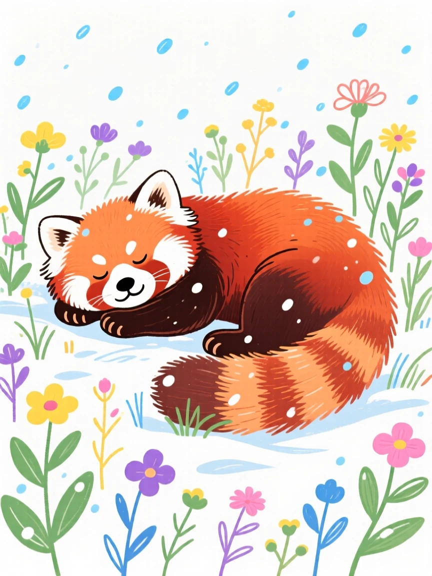 A red panda napping near a wildflower field during a light snowfall.