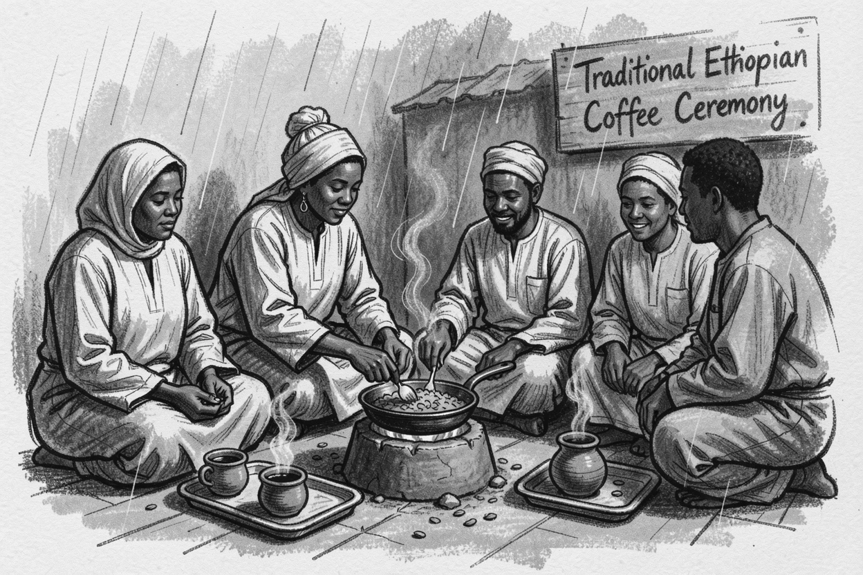 A traditional Ethiopian coffee ceremony, as gentle rain patters down around them.