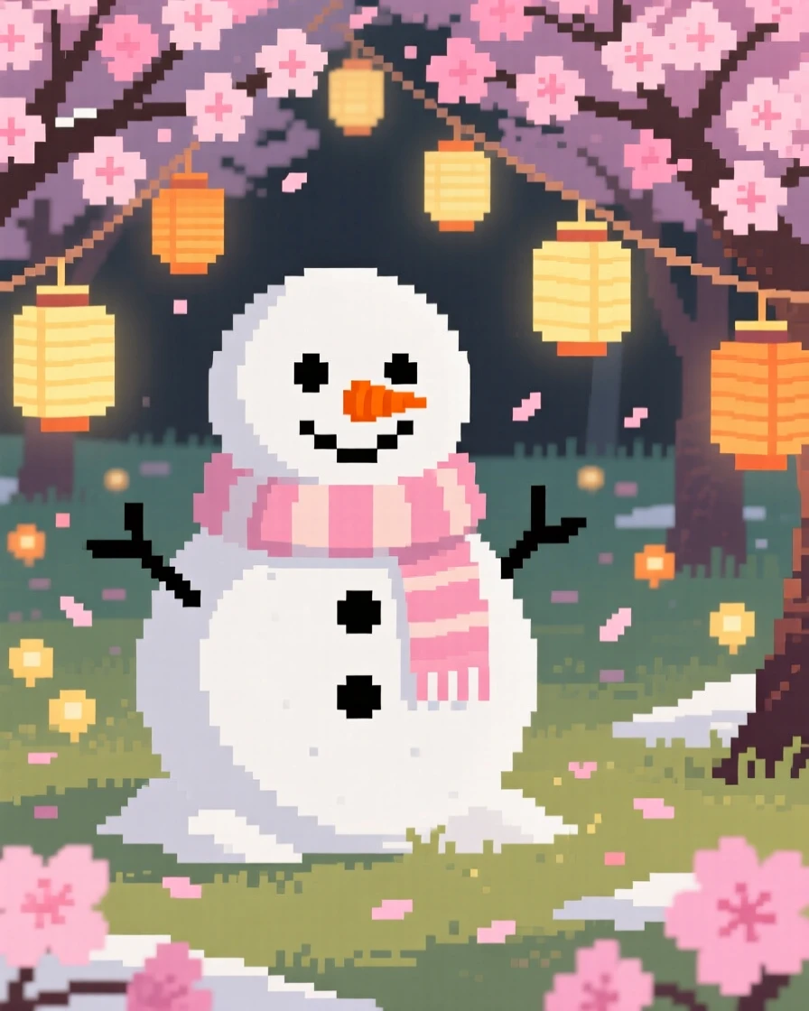 A snowman wearing a scarf lit by dozens of small paper lanterns, in a garden bursting with cherry blossoms.