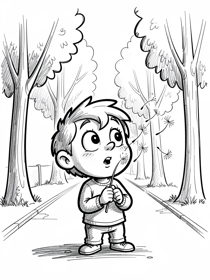 A little boy blowing dandelion seeds on a tree-lined neighborhood street.
