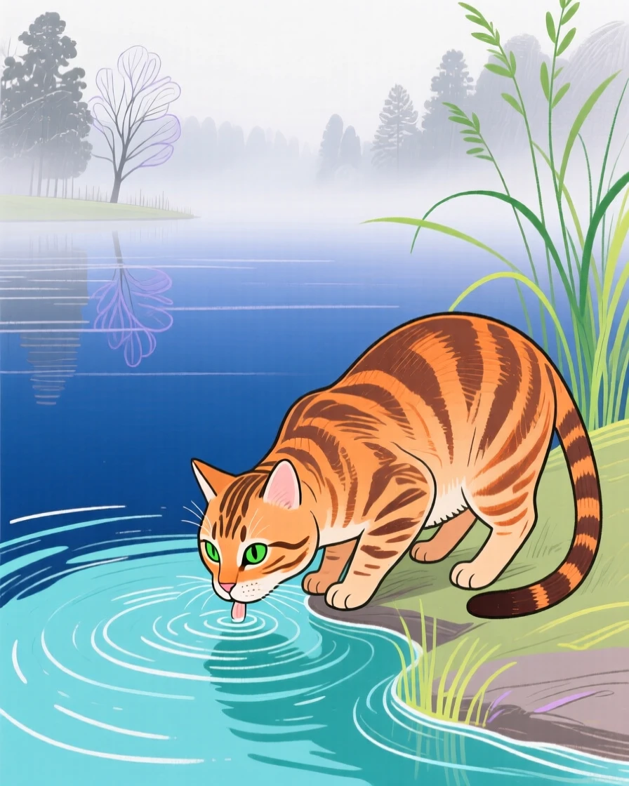 A tabby cat drinking from a stream beside a still lake as fog rolls in.