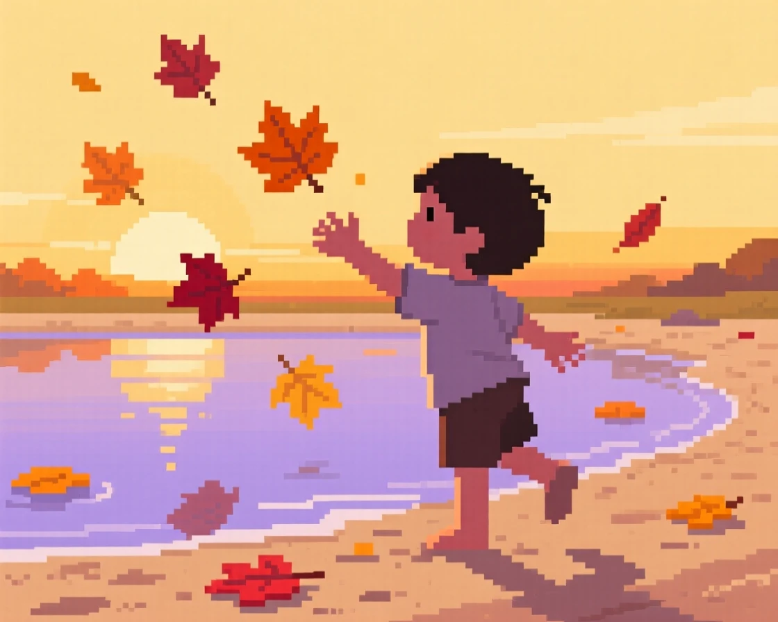 A child catching falling leaves reflected in a calm autumn pond, on a sandy beach during a golden summer sunset.