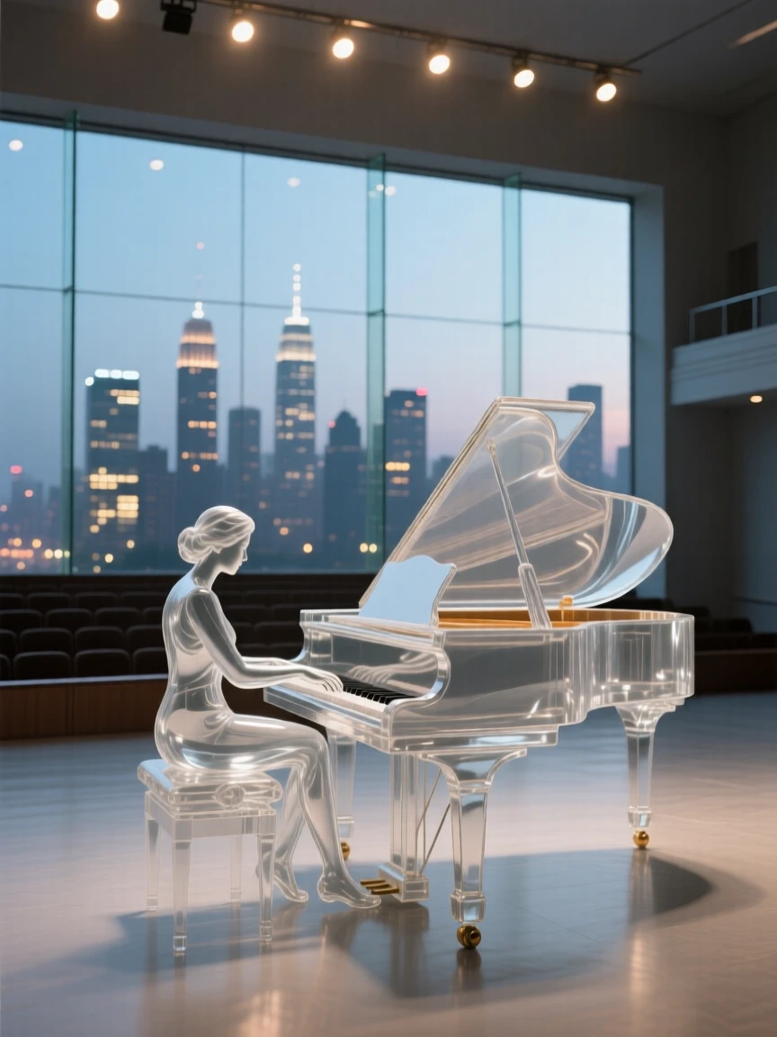 Overlooking a city skyline glowing with evening lights, a pianist playing softly in an empty grand concert hall