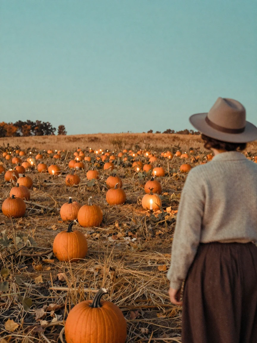 A pumpkin patch stretching across a golden autumn field, under flickering candlelight, on a clear, cloudless day, in autumn, in vivid coral and turquoise hues, over the shoulder of the main subject.