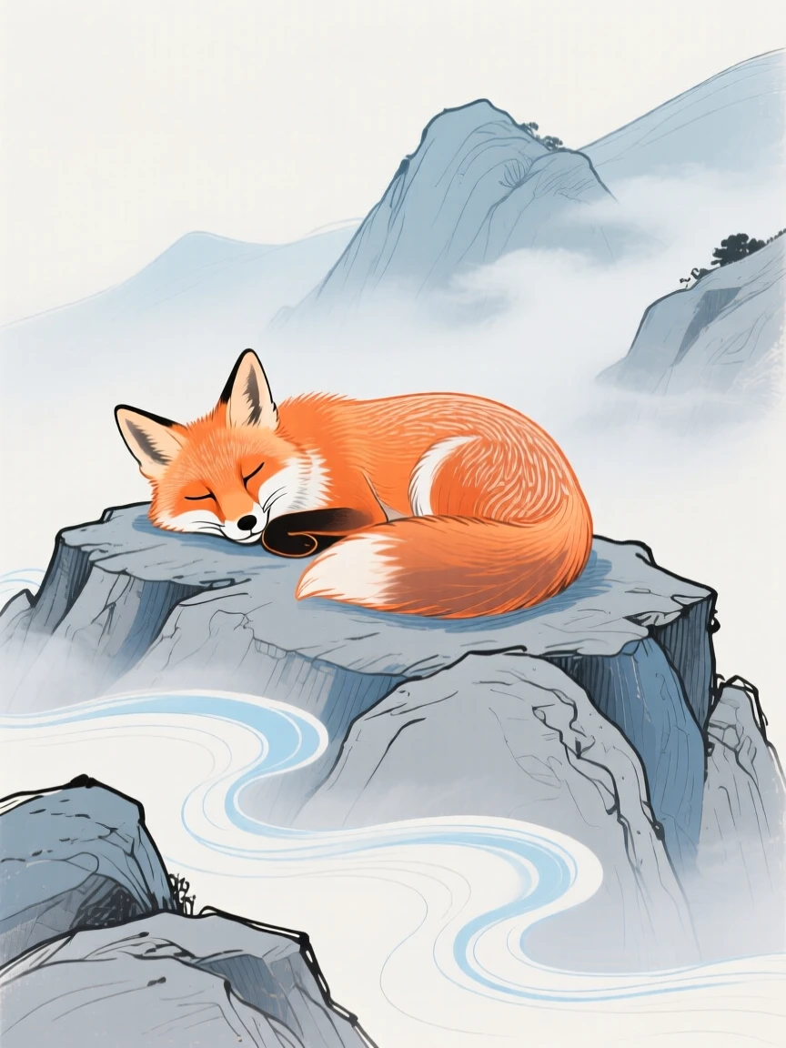 A curious fox napping on a rocky hillside as fog rolls in.