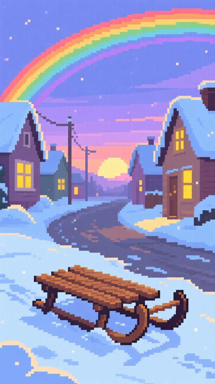 A sled resting in fresh snow framed by a rainbow after summer rain, on a snowy village street at dusk.
