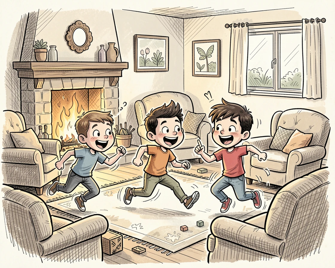 Children playing tag in a park in a cozy living room by the fireplace.