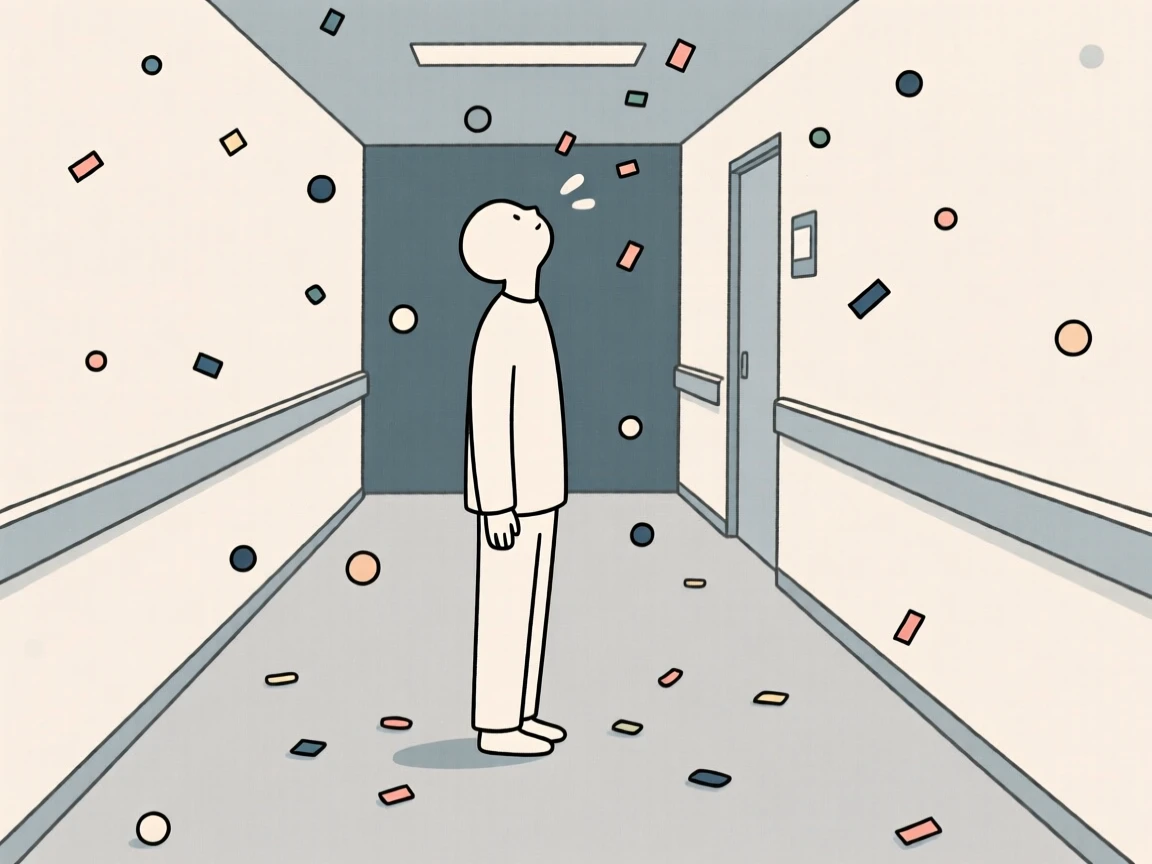 A quiet moment of calm reassurance as a dreamer gazing upward pauses in a quiet hospital hallway beside scattered confetti.