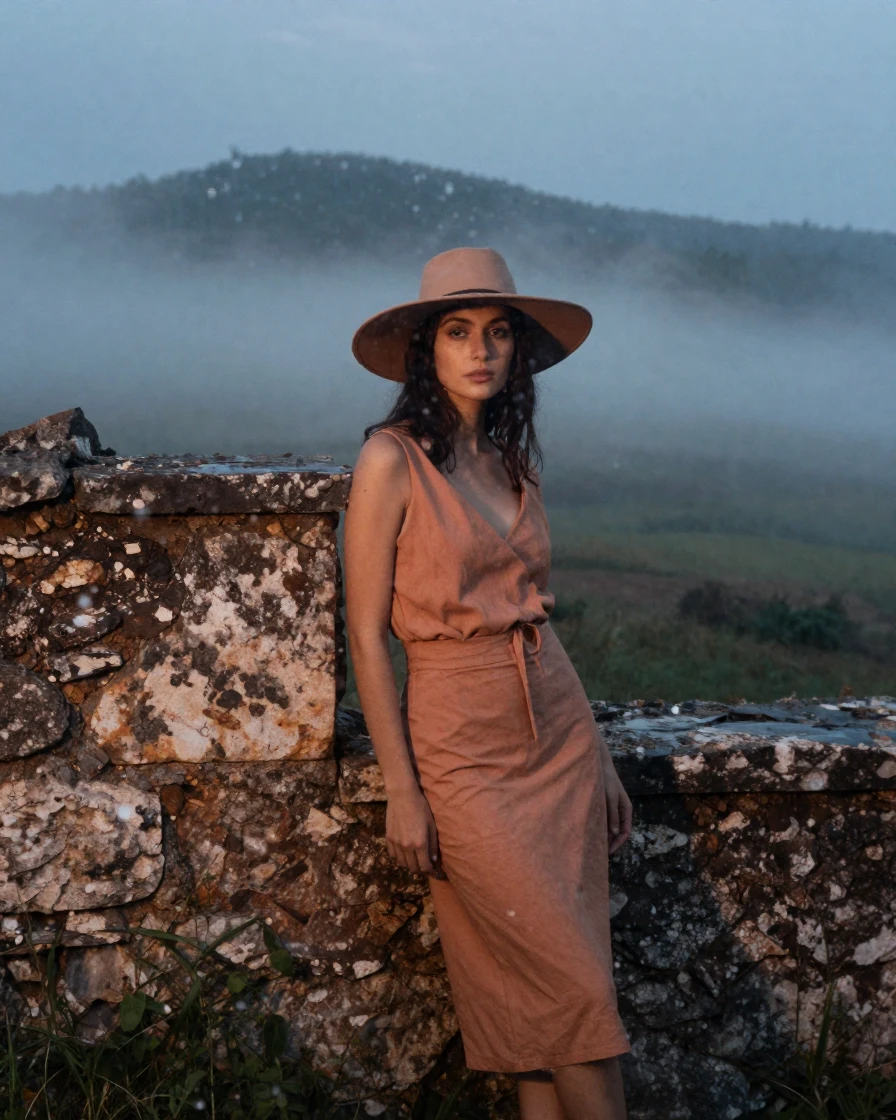 A model in a wide-brimmed hat posing beside an old stone wall, in cool blue twilight, in thick rolling fog, during the long days of summer, in earthy terracotta and ochre shades, through a rain-streaked window.