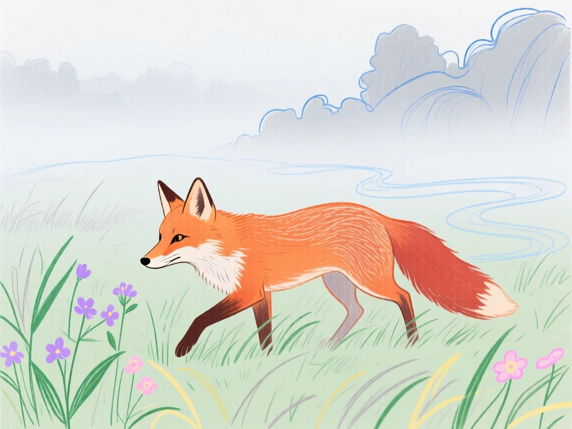 A curious fox exploring in a misty morning field as fog rolls in.