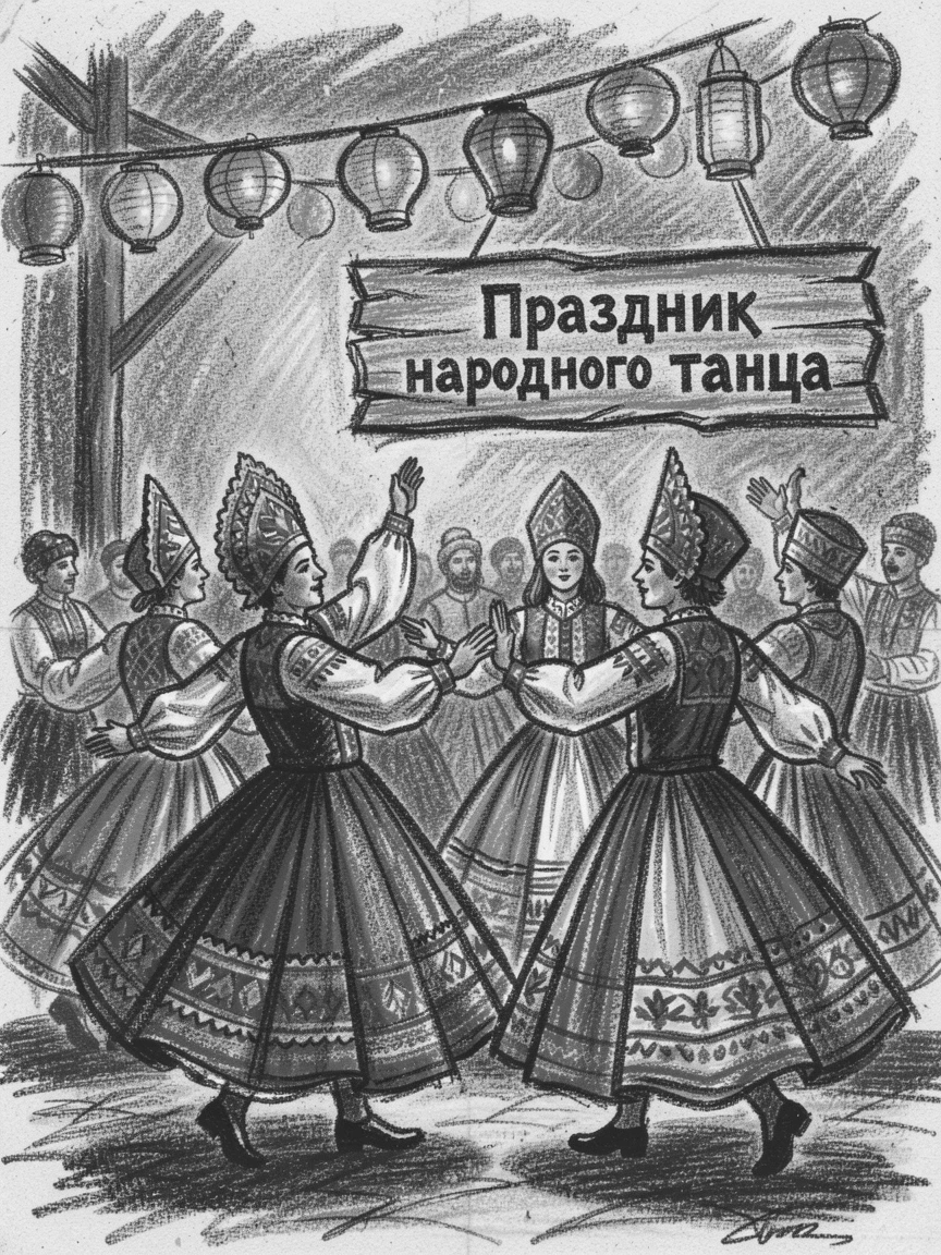 A traditional Russian folk dance in colorful costume, under a canopy of colorful lanterns.