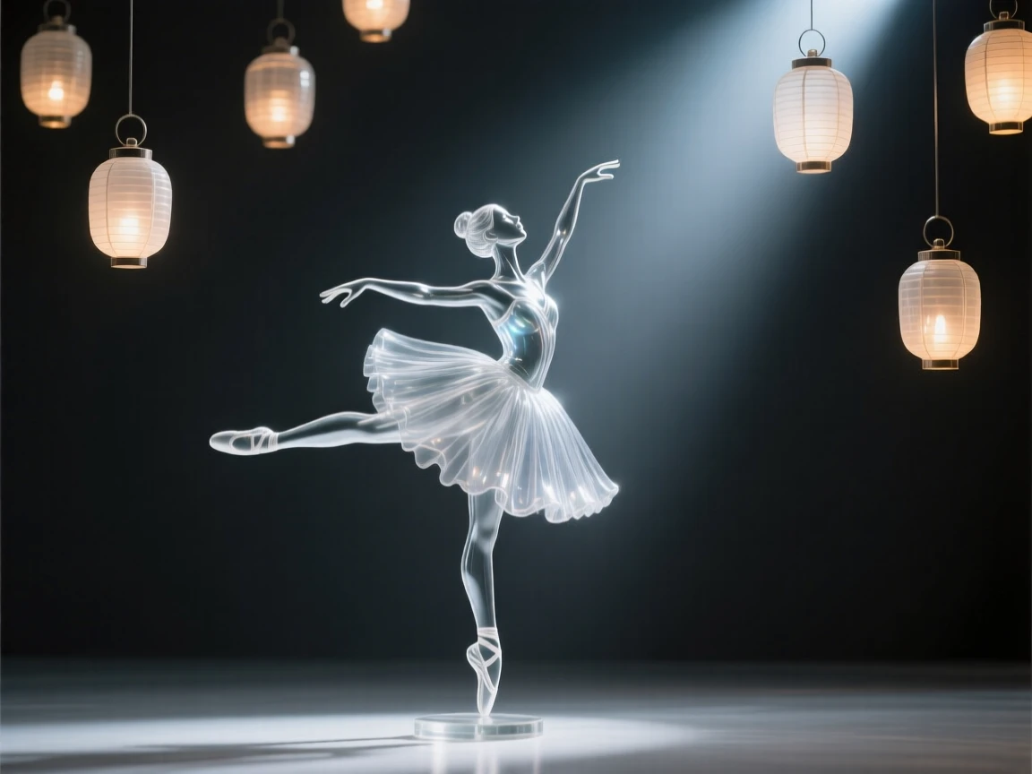 A ballerina caught mid-leap in a beam of soft stage light, beneath a sky filled with softly glowing lanterns