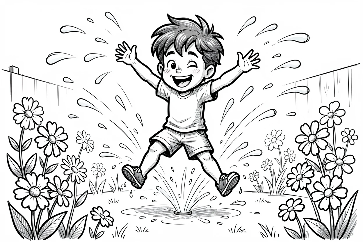 A child jumping through a sprinkler on a hot day in a backyard full of summer flowers.