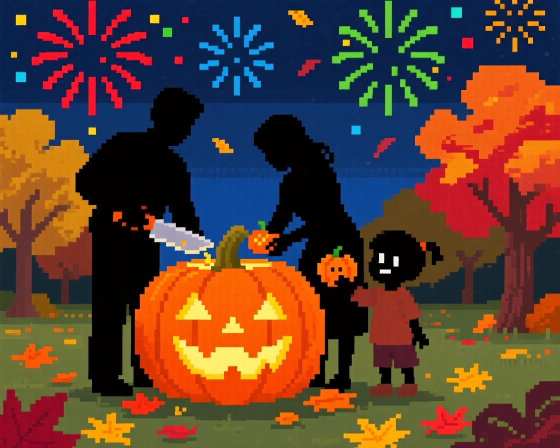 A family carving a pumpkin set against a sky full of fireworks, in a park during peak autumn color.