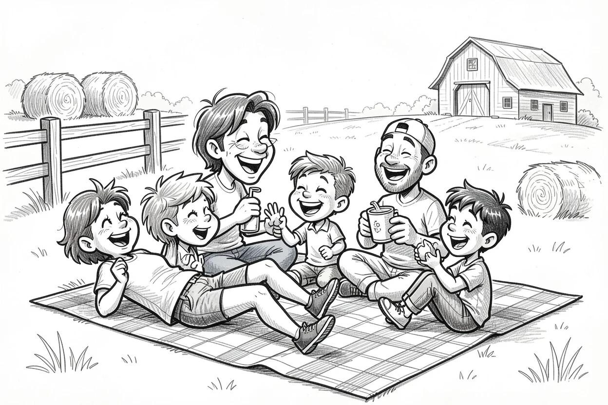 A family having a picnic on a checkered blanket on a farm during a visit.