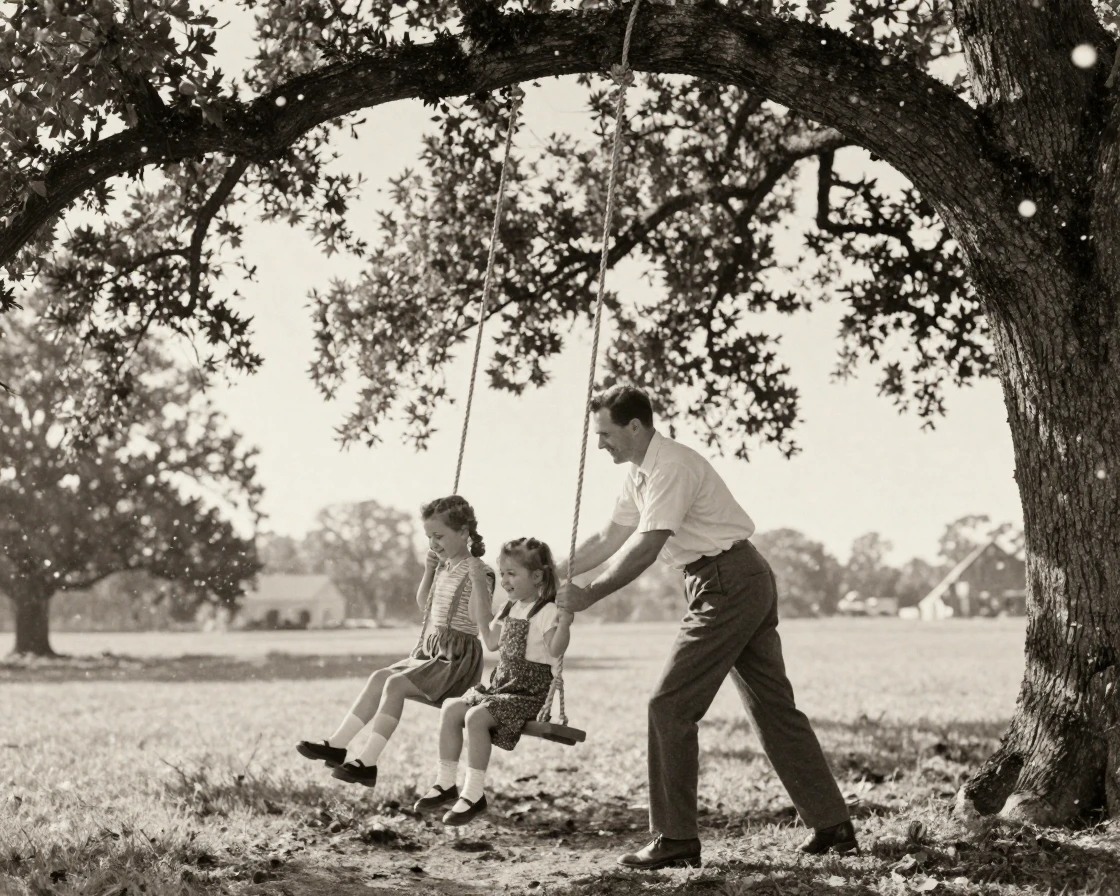 A father pushing two children on a rope swing beneath an old oak, in warm morning light, amid gently falling snow, during the long days of summer, with stark black-and-white contrast softened by a single warm hue, from a three-quarter angle.