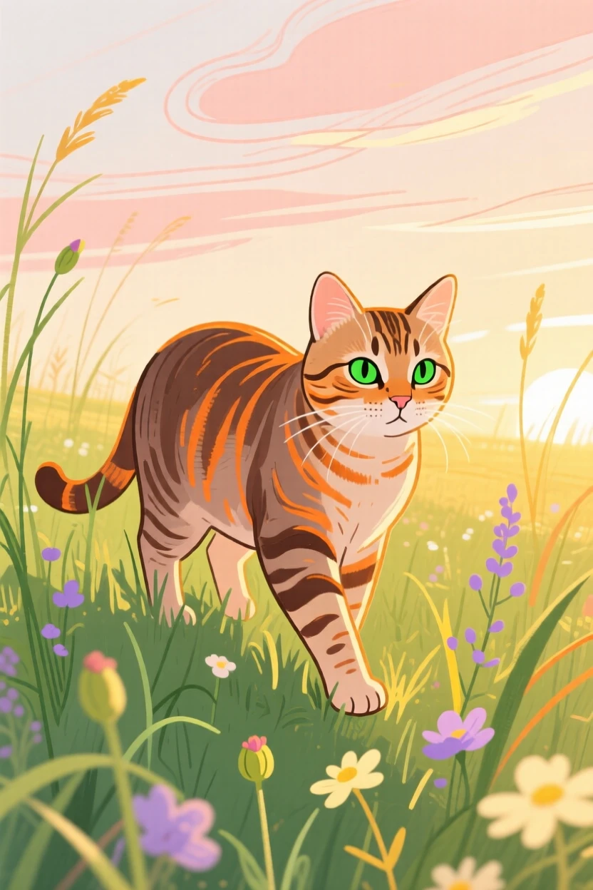 A tabby cat wandering in a sunlit meadow during golden hour.