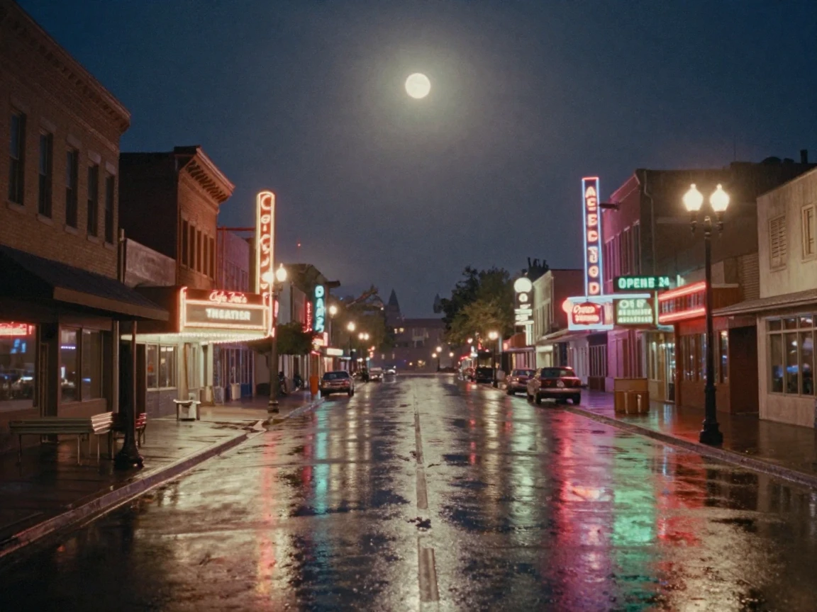 A city street glistening under rain and glowing neon signs, under a full moon, just after a rain shower, with puddles reflecting the sky, in the height of summer, with a soft sepia-tinted glow, framed symmetrically down a long corridor.