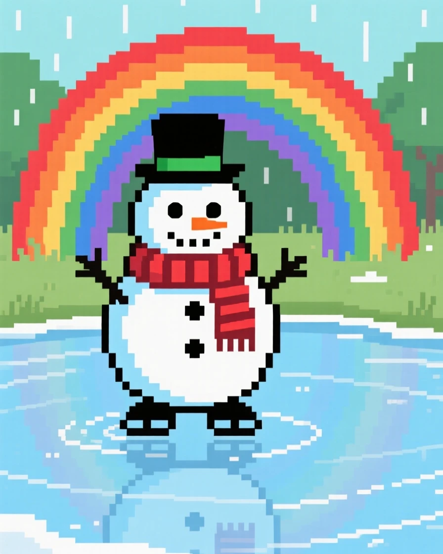 A snowman wearing a scarf framed by a rainbow after summer rain, on a frozen pond used for ice skating.
