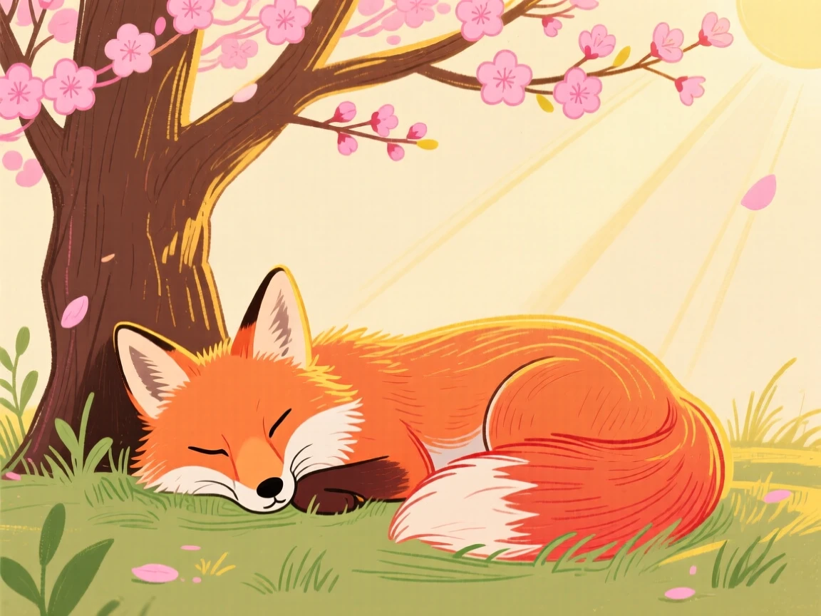 A curious fox napping under a blossoming tree during golden hour.