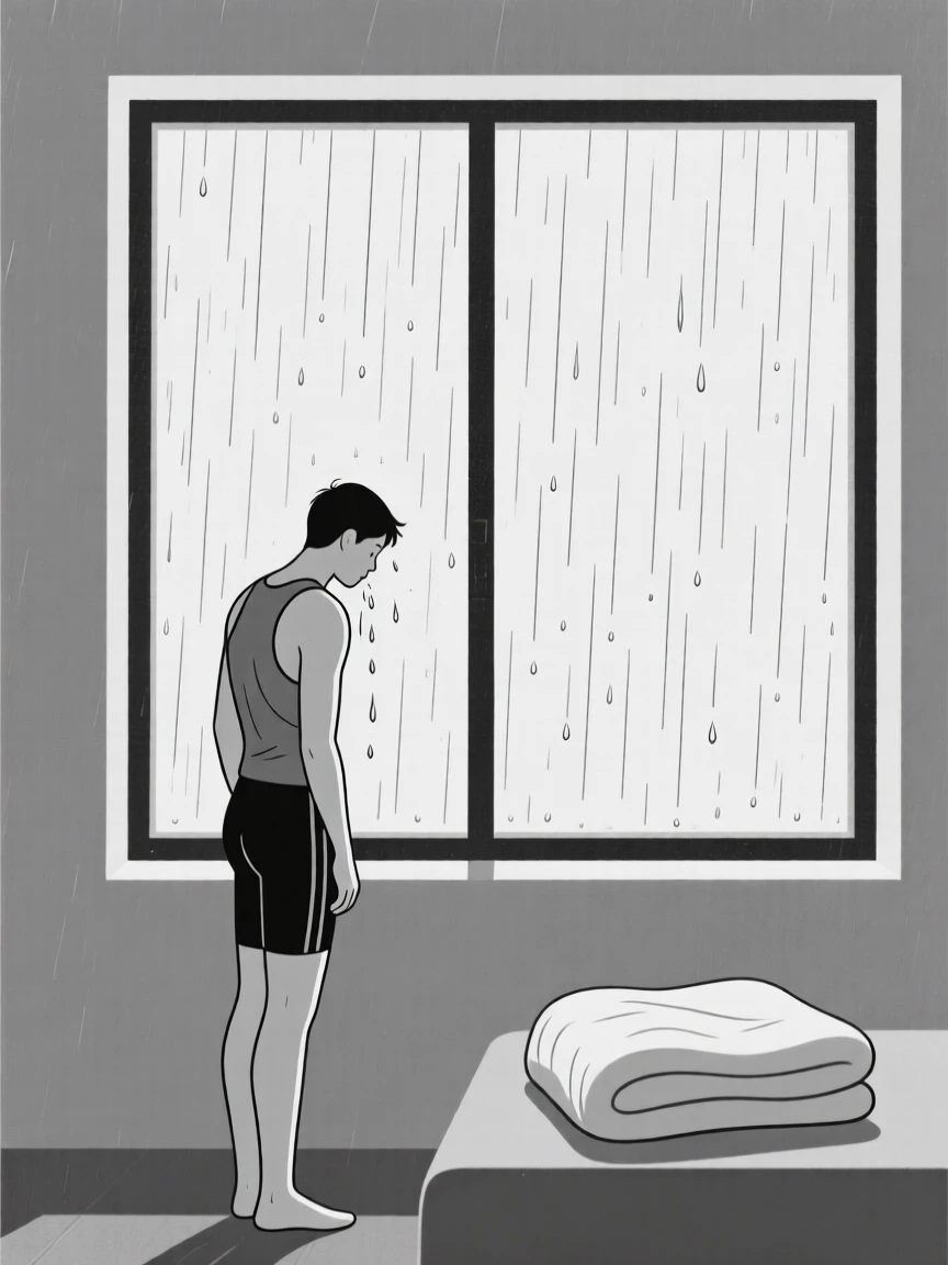 A runner catching their breath standing in a rain-streaked window, embodying a feeling of tender nostalgia, with a soft blanket nearby.