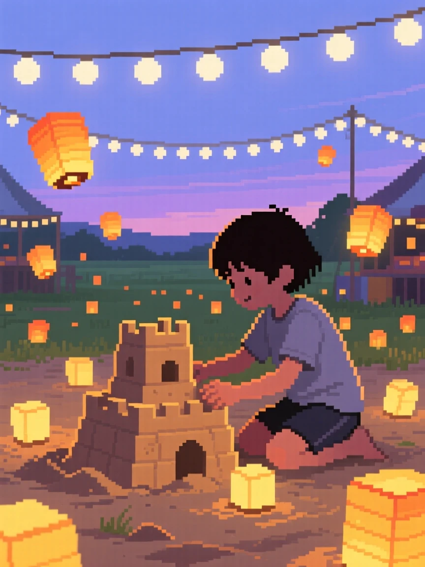 A child building a sandcastle lit by dozens of small paper lanterns, at a countryside fair under strings of lights.