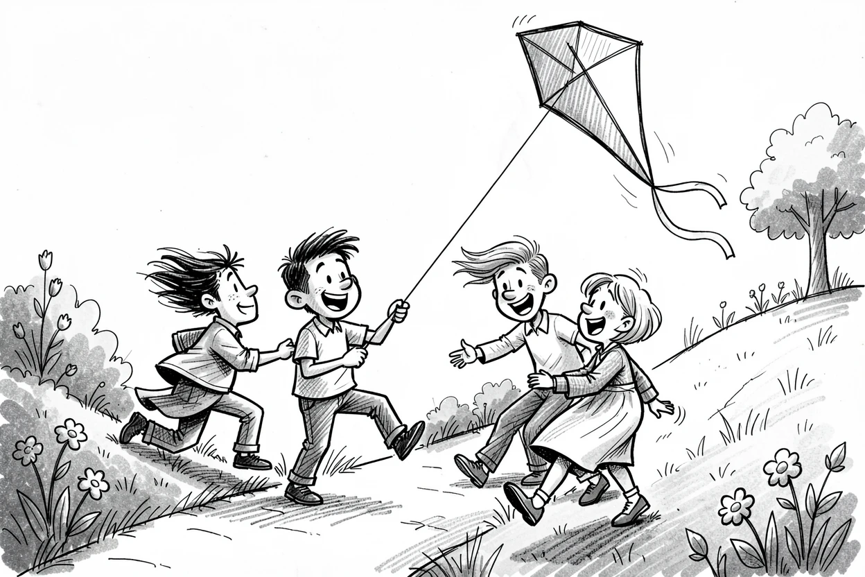 A family flying a kite together on a windy hill beside a quiet garden path.